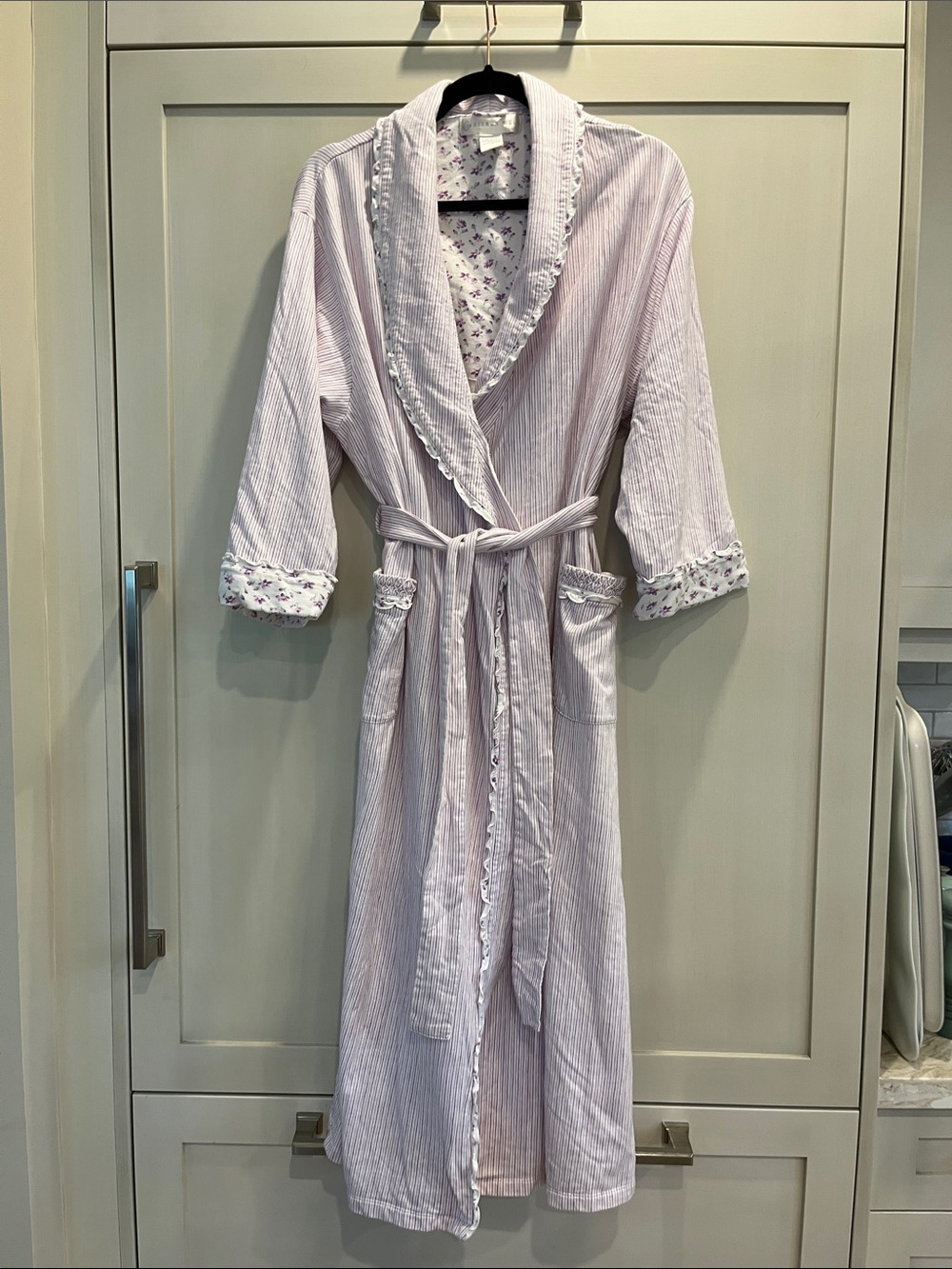 Eileen West Fine Striped Cotton Belted Robe Floral Trim & Classic Shawl Collar